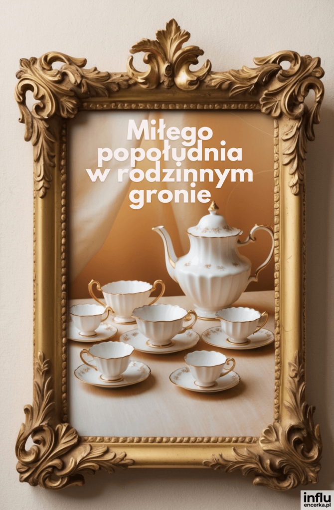 Biała porcelanowa zastawa do herbaty z czajnikiem i filiżankami w złotej ozdobnej ramie z napisem „Miłego popołudnia w rodzinnym gronie”