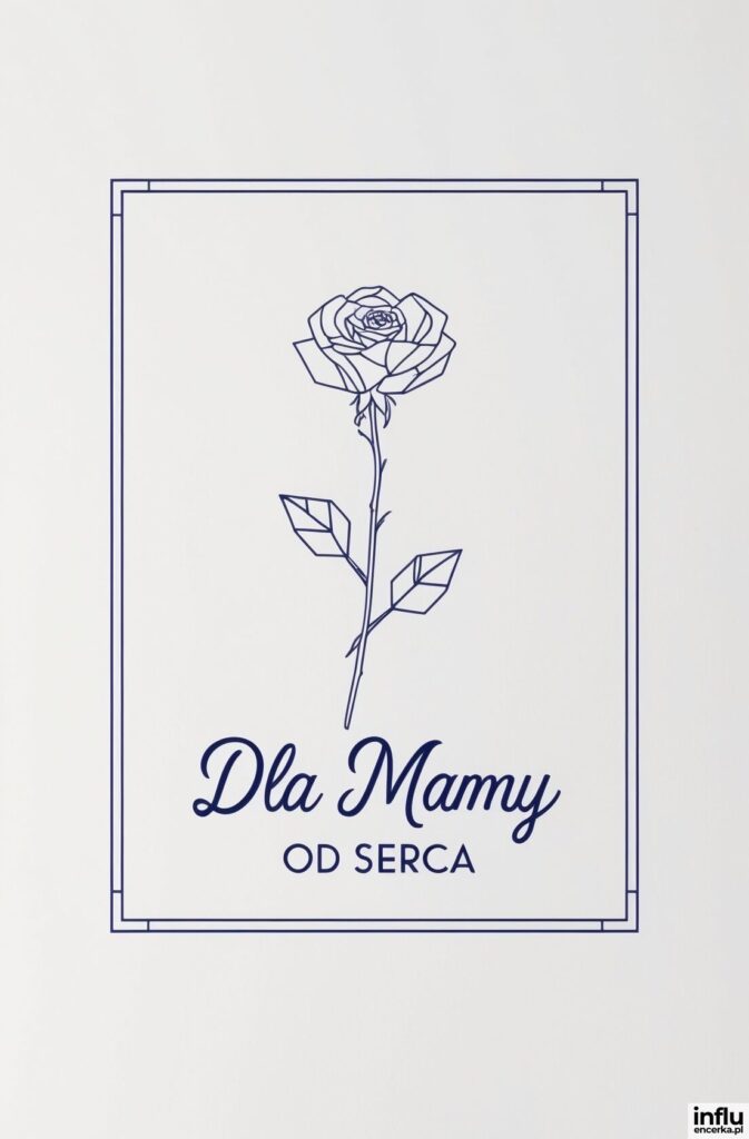 Geometryczna róża na łodydze narysowana granatową linią, w prostokątnej ramce, z napisem „Dla Mamy od serca”