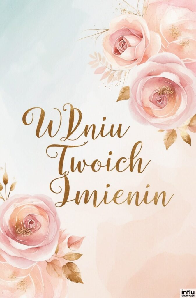 Akwarelowa kartka imieninowa z różowymi różami i złotym napisem „W dniu Twoich imienin".