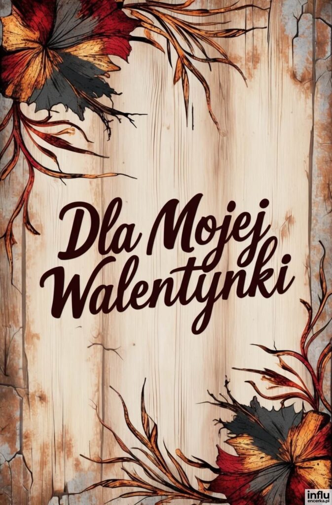 Jasne deski drewniane ozdobione czerwono-złotymi liśćmi klonu w narożnikach i napis „Dla Mojej Walentynki”