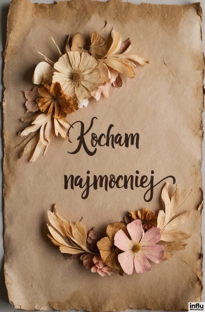 Postarzany pergamin ozdobiony suszonymi kwiatami w beżach i różu z napisem „Kocham najmocniej”