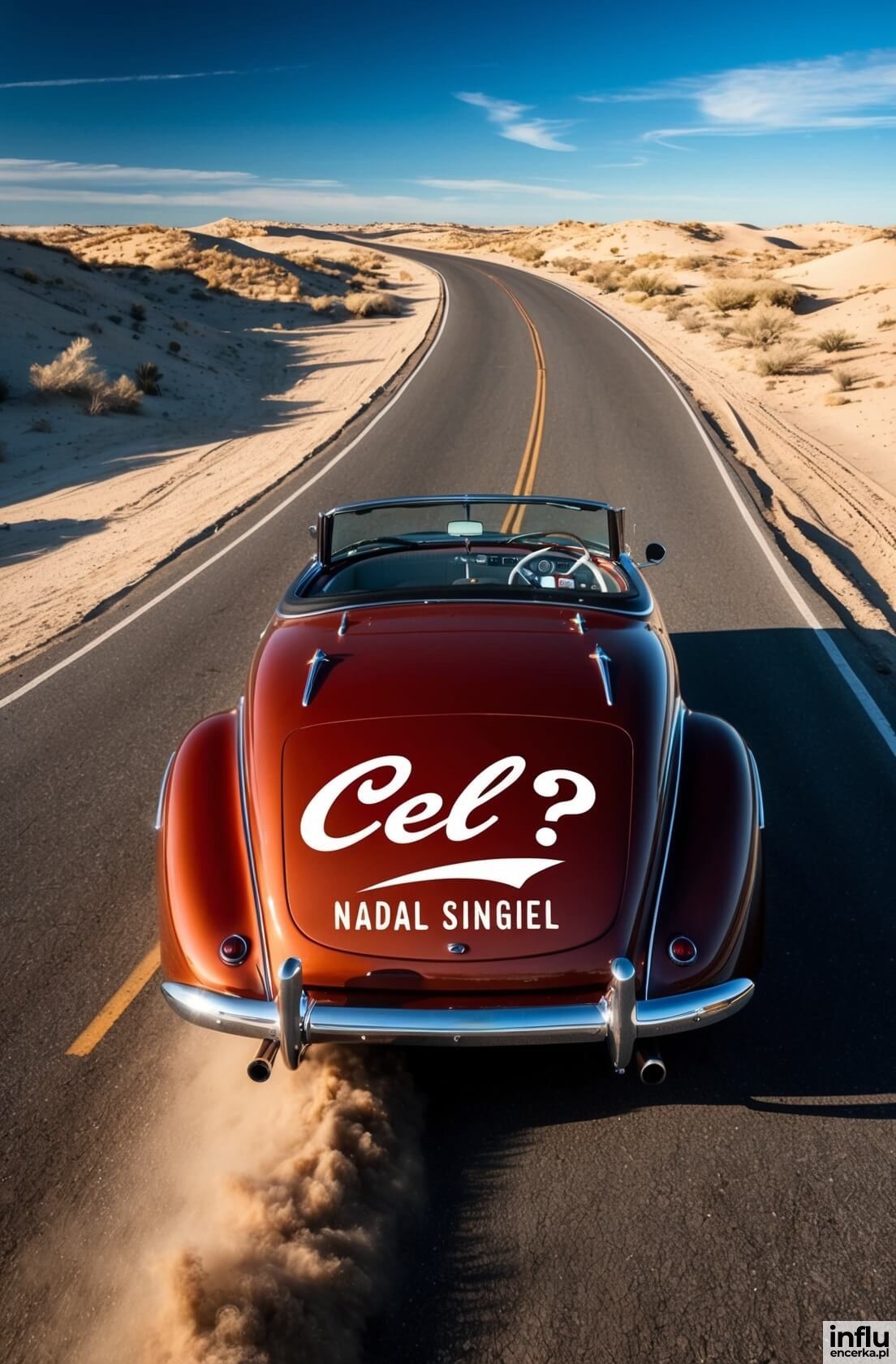 Kartka, samochód z napisem "Cel? Nadal singiel"