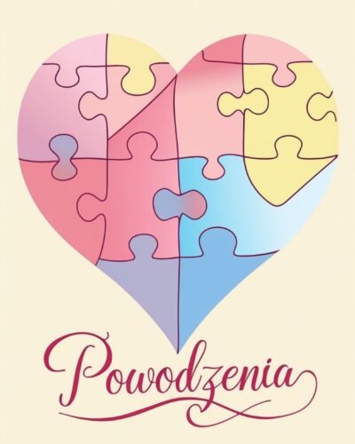Pastelowe serce złożone z kolorowych puzzli w odcieniach różu, żółci i błękitu z napisem „Powodzenia”