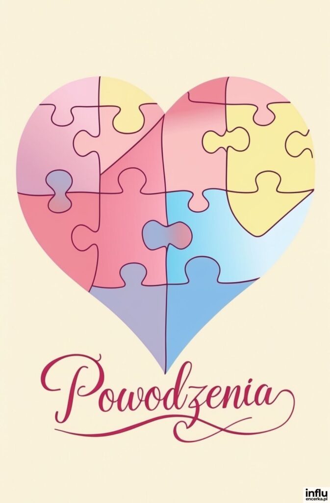 Pastelowe serce złożone z kolorowych puzzli w odcieniach różu, żółci i błękitu z napisem „Powodzenia”