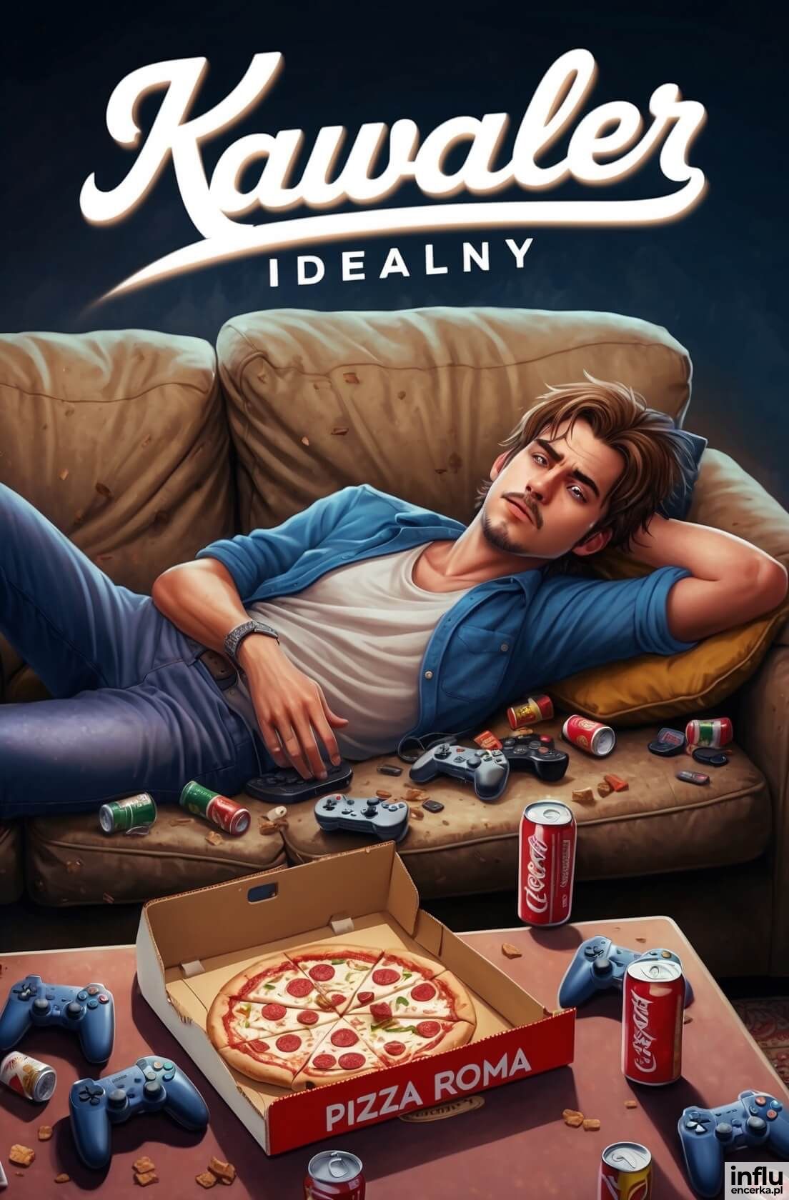 Kartka, singiel na kanapie, pizza, pady do konsoli, cola, napis: Kawaler idealny