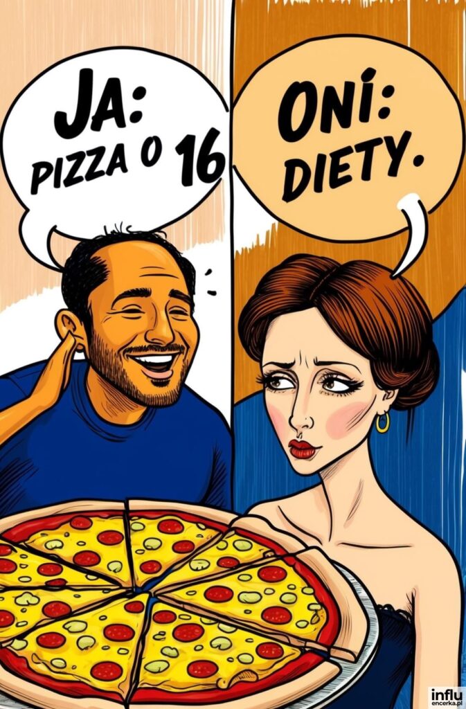 Komiks pop-art: uśmiechnięty mężczyzna z pizzą mówi „Ja: pizza o 16”