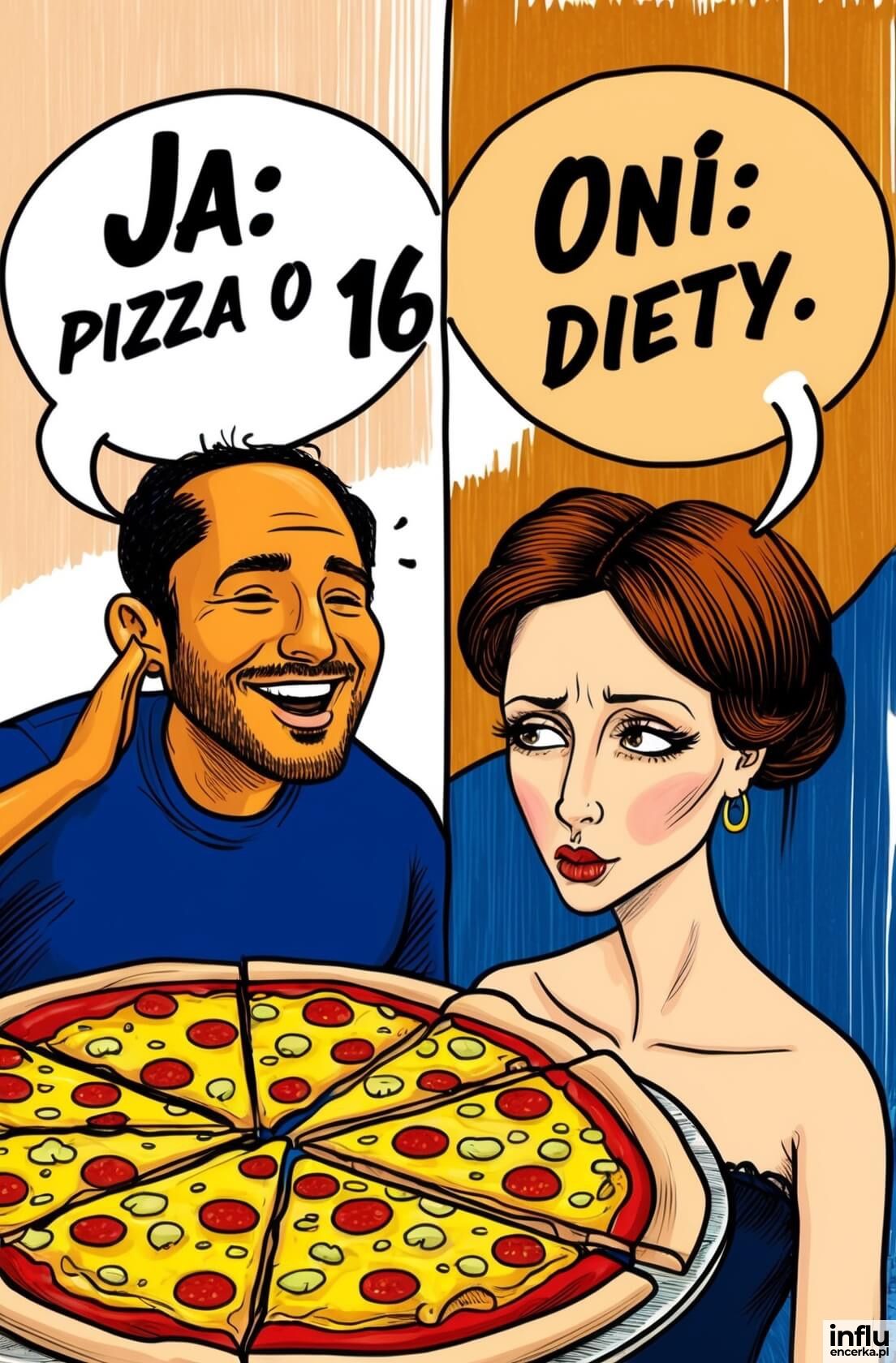Kartka, porównanie, singiel - pizza, związek - diety