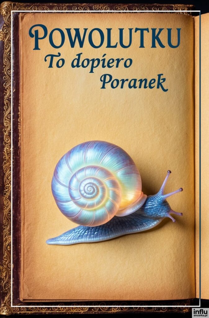 Ślimak z opalizującą muszlą na tle pergaminowej strony książki z napisem „Powolutku To dopiero Poranek”