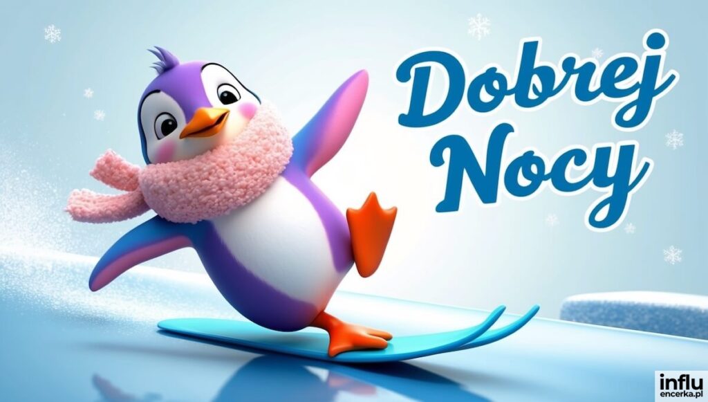 Animowany pingwin w fioletowo-niebieskich barwach i różowym szaliku jeździ na snowboardzie na tle płatków śniegu, obok napis „Dobrej Nocy”