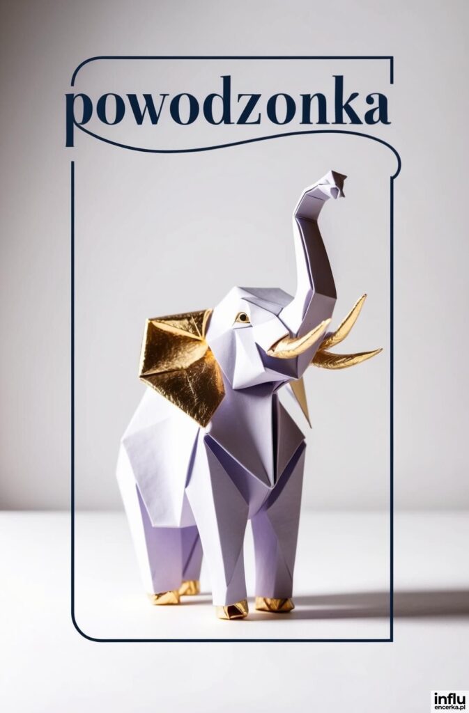 Origami słoń z białego papieru ze złotymi akcentami z uniesionym trąbem i napis „powodzonka”