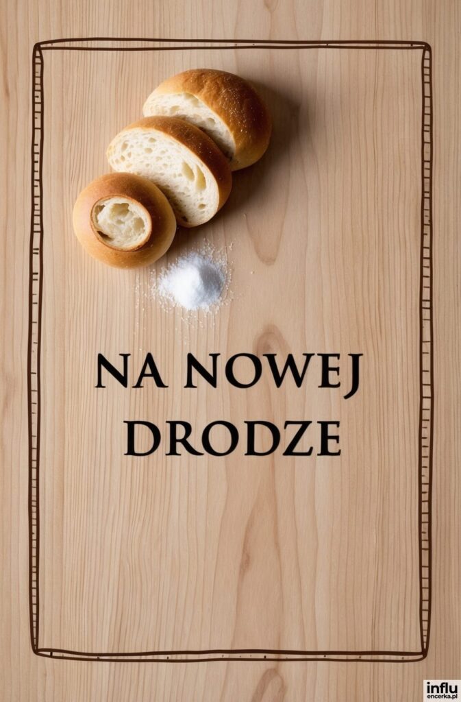 Pokrojony biały chlebek i szczypta soli na drewnianej desce z rysowaną ramką oraz napis „NA NOWEJ DRODZE”