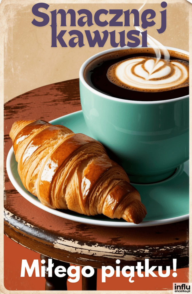 Turkusowa filiżanka kawy latte z wzorem serca i rogalik na talerzyku, na drewnianym stoliku; napisy „Smacznej kawusi”