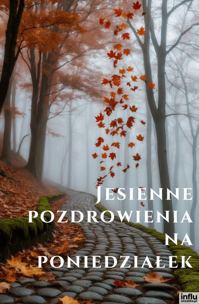 Jesienna aleja brukowana we mgle, opadające rude liście klonu i napis „Jesienne pozdrowienia na poniedziałek”