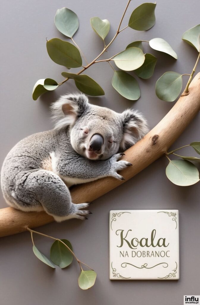 Śpiąca koala wtulona w gałąź eukaliptusa, w rogu tabliczka z napisem „Koala na dobranoc”