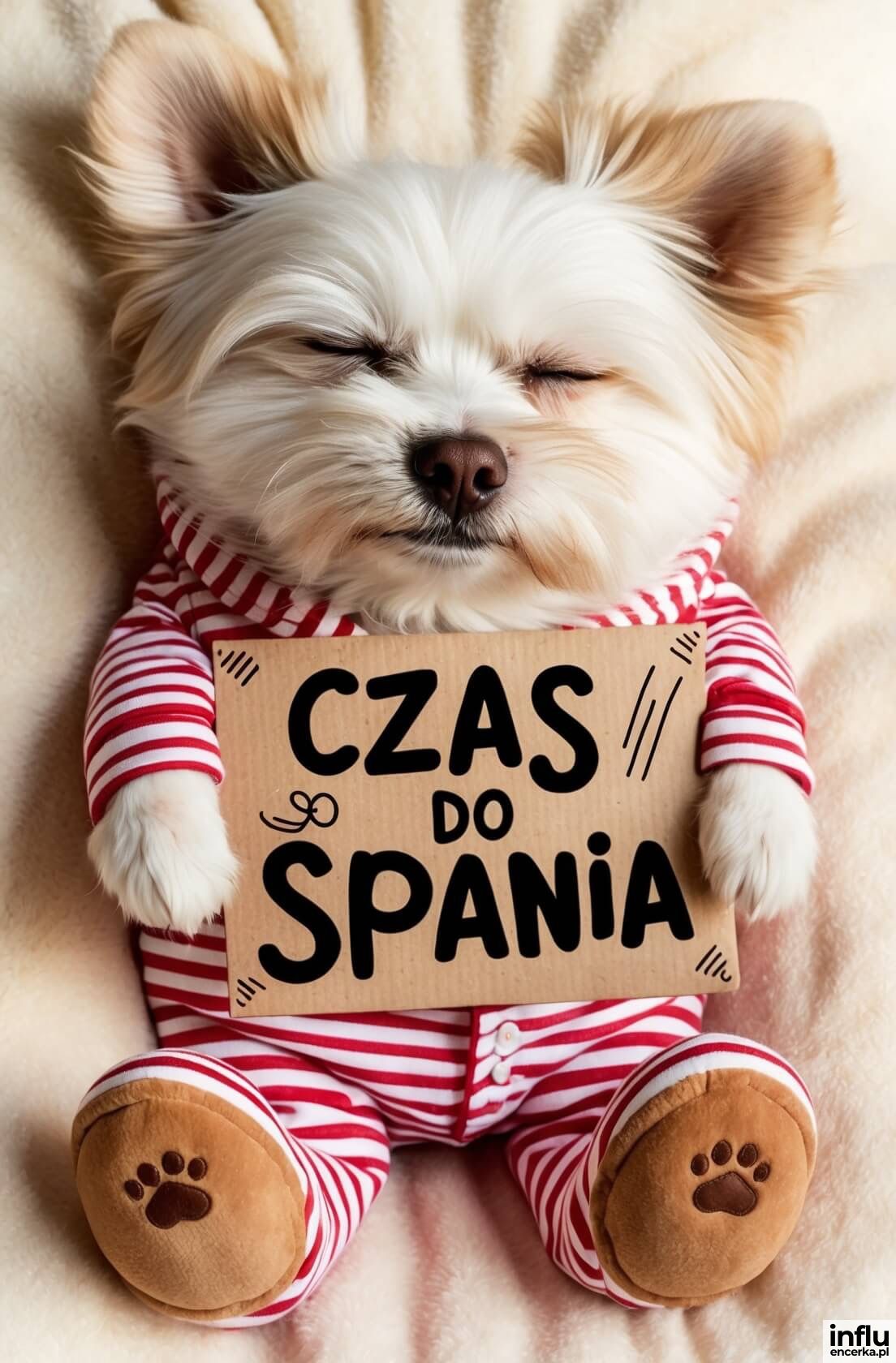 Kartka, śpiący piesek z tabliczką: czas do spania