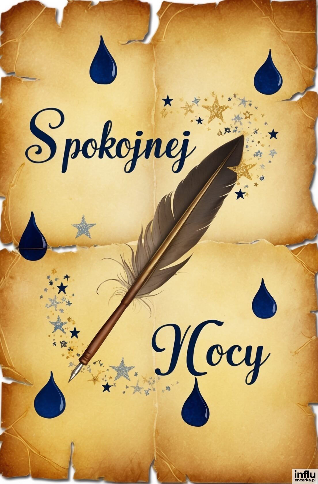 Kartka, pióro, krople atramentu, na spokojną noc