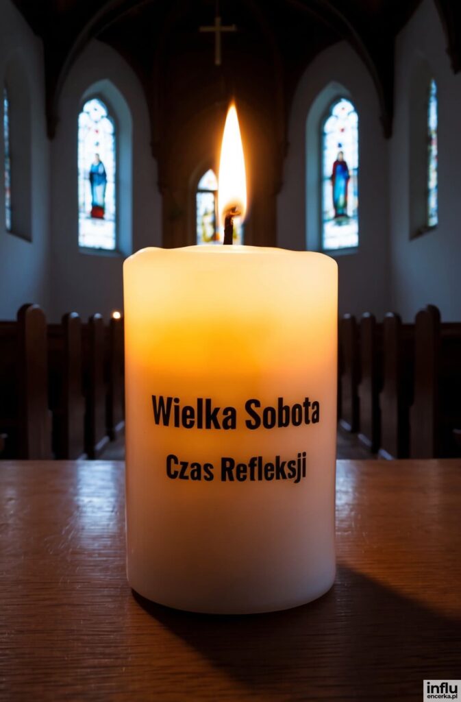 Płonąca świeca w kościele na tle witraży z napisem „Wielka Sobota Czas Refleksji”