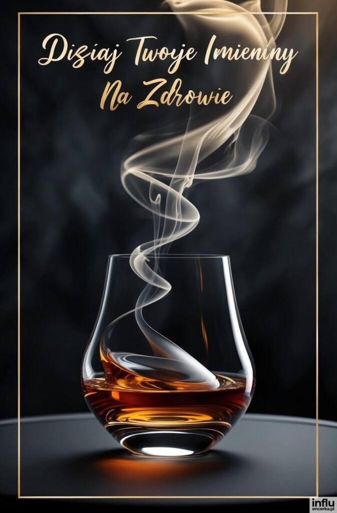 Elegancka szklanka whisky z unoszącym się dymem na czarnym tle, złoty napis „Dzisiaj Twoje imieniny — na zdrowie".