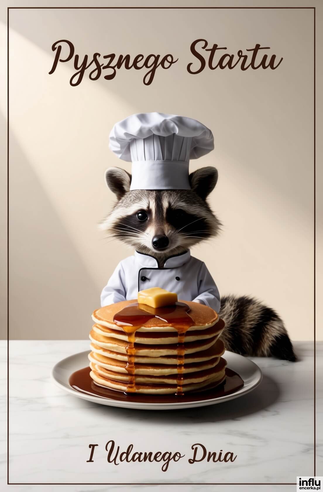 Kartka, szop z naleśnikami życzący pysznego startu