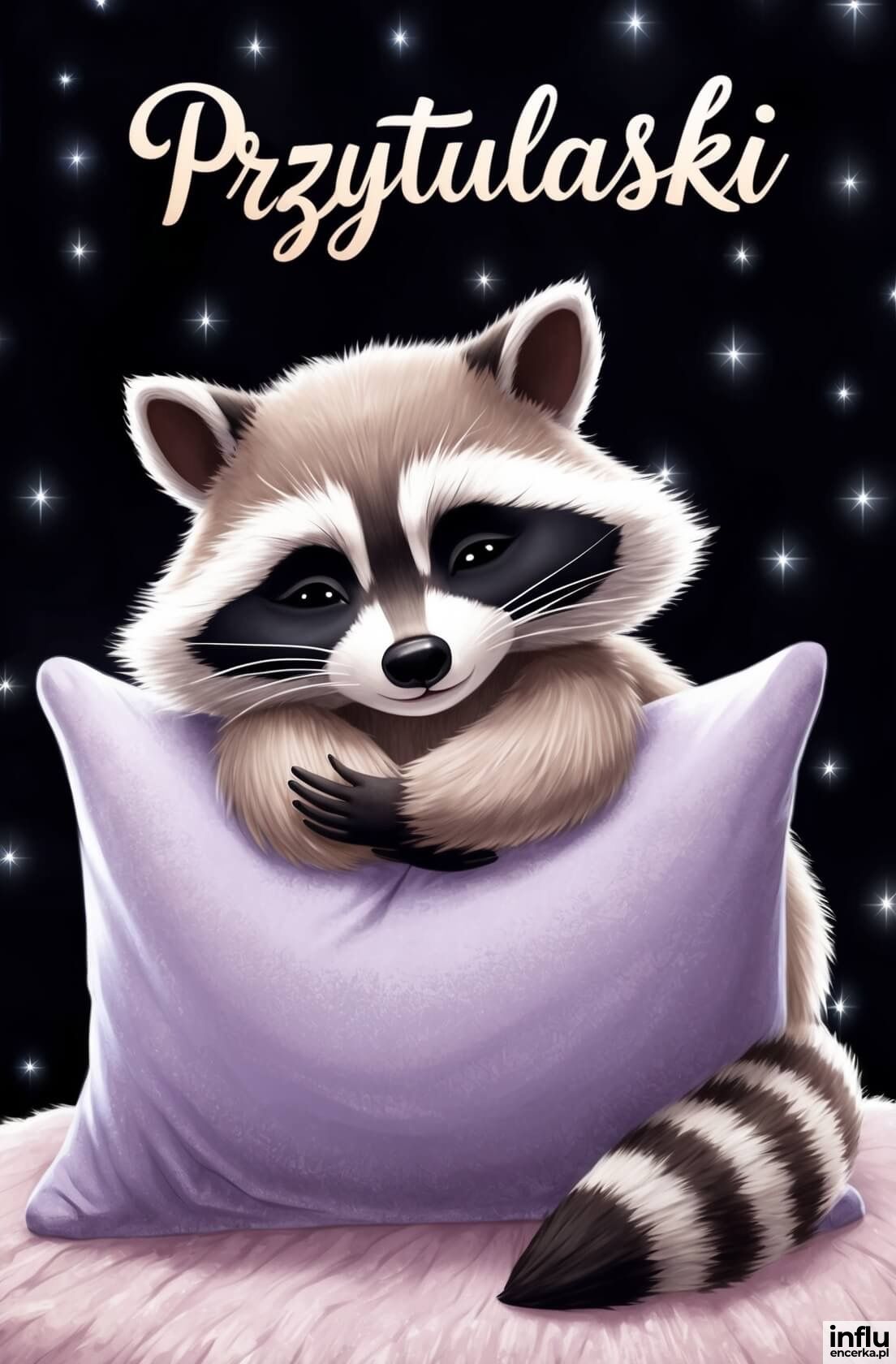 Kartka, szop tulący poduszkę