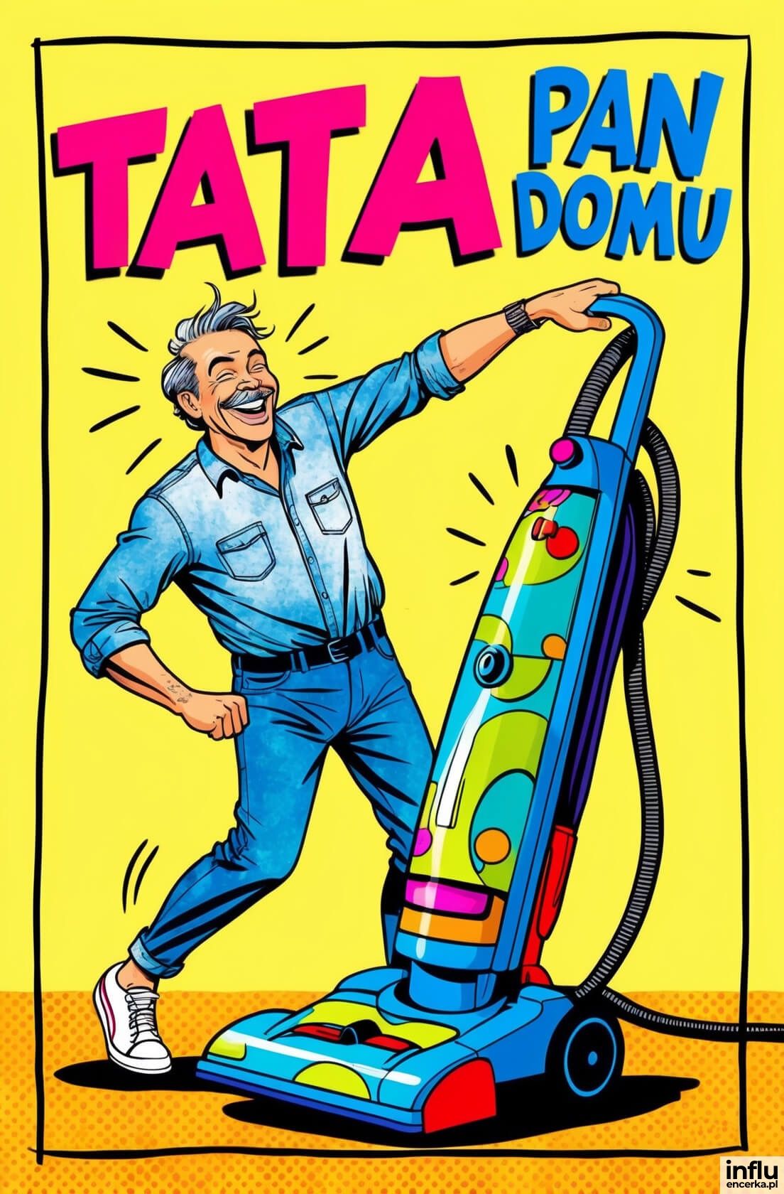 Kartka, tata pon domu z odkurzaczem
