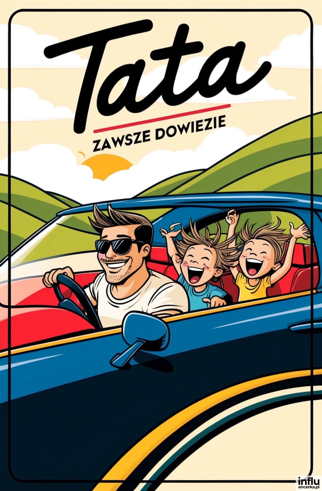 Kartka, tata prowadzi samochód z dziećmi