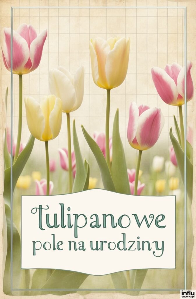 Różowe i kremowe tulipany na tle vintage papieru, napis „Tulipanowe pole na urodziny”.