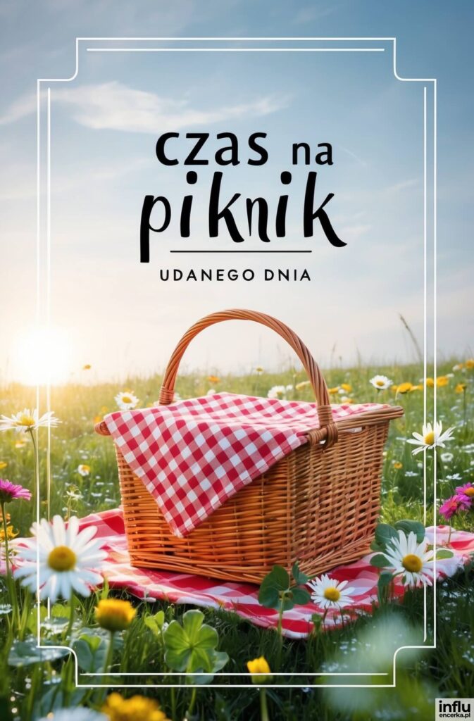 Wiklinowy koszyk piknikowy z czerwoną kratą na łące pełnej stokrotek, z napisem „czas na piknik”
