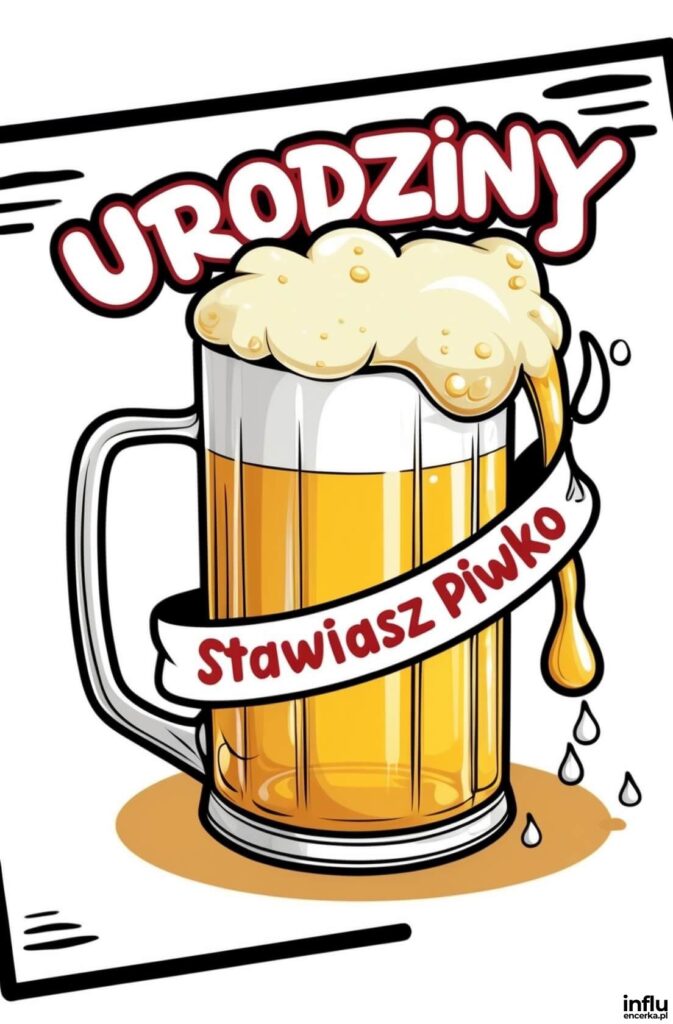Komiksowy kufel złocistego piwa z pianą, napis „Urodziny — stawiasz piwko”.