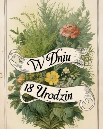 Botaniczna ilustracja w stylu vintage z ziołami i kwiatami oraz wstęgą z napisem „W Dniu 18 Urodzin”