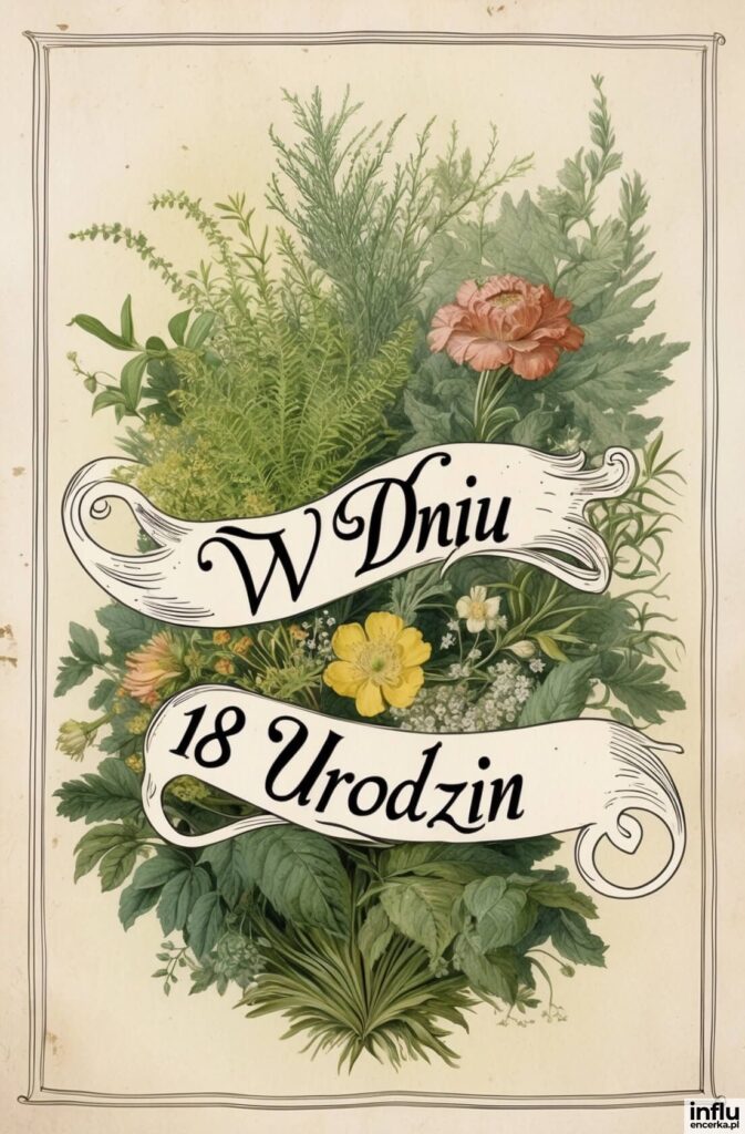 Botaniczna ilustracja w stylu vintage z ziołami i kwiatami oraz wstęgą z napisem „W Dniu 18 Urodzin”