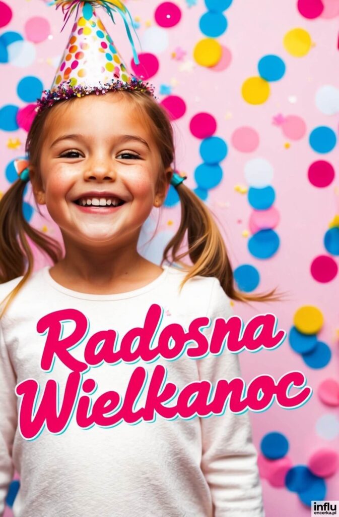 Uśmiechnięta dziewczynka w papierowej czapeczce urodzinowej na tle kolorowego konfetti z napisem „Radosna Wielkanoc”