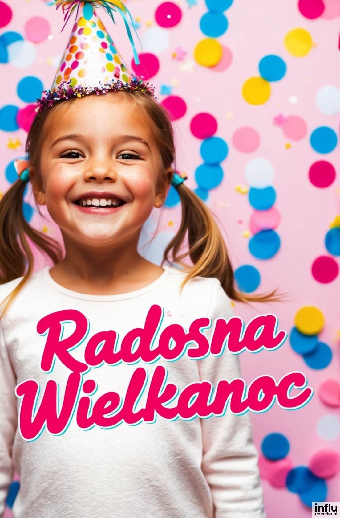 Kartka, wesoła dziewczynka, konfetti, radosnej Wielkanocy