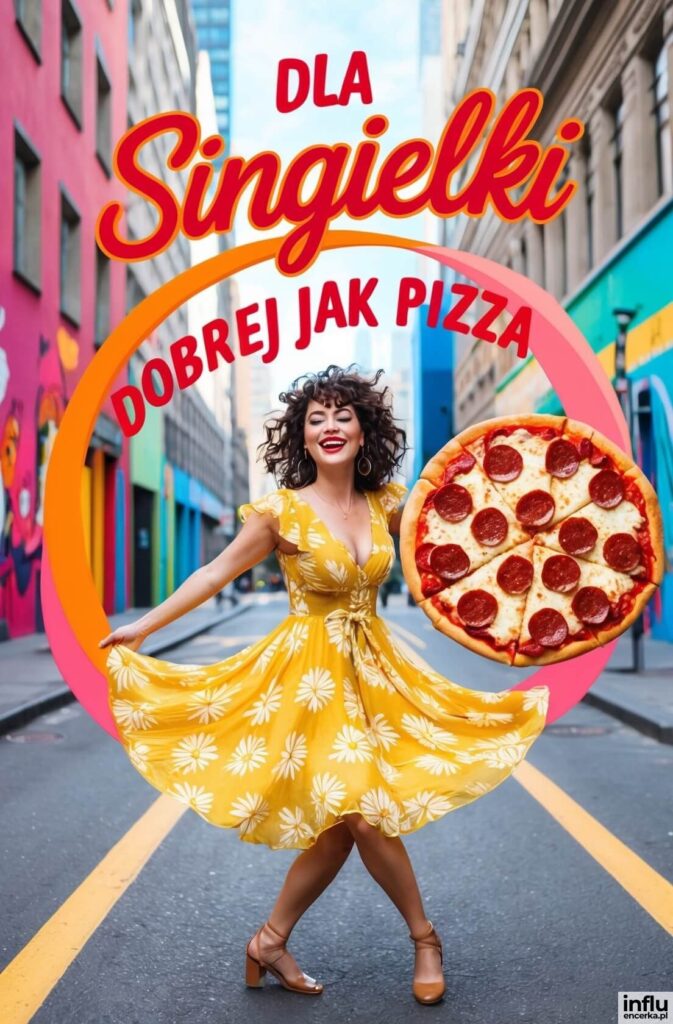Tańcząca kobieta w żółtej sukience na kolorowej ulicy z napisem „Dla Singielki dobrej jak pizza”