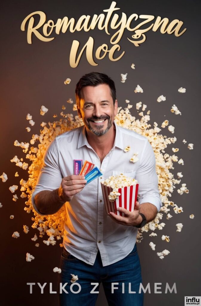 Uśmiechnięty mężczyzna trzyma popcorn i bilety kinowe, wokół niego unosi się popcorn, napisy „Romantyczna Noc”