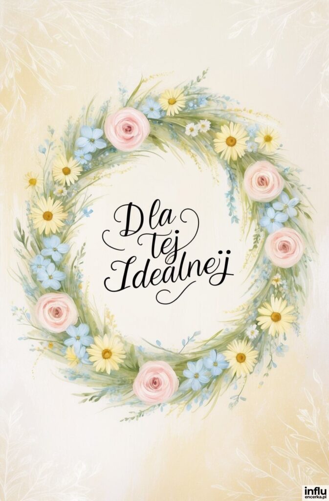 Wianek z różowych róż, żółtych stokrotek i niebieskich kwiatków z kaligraficznym napisem „Dla tej Idealnej”
