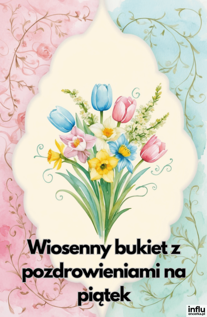 Akwarelowy bukiet wiosennych kwiatów — tulipanów, narcyzów i hiacyntów — na kremowym tle z różowo-niebieską ramą i napisem „Wiosenny bukiet z pozdrowieniami na piątek”