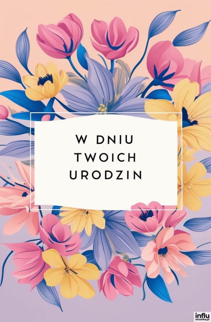 Kolorowa ilustracja kwiatów wokół białej ramki, napis „W dniu Twoich urodzin”.