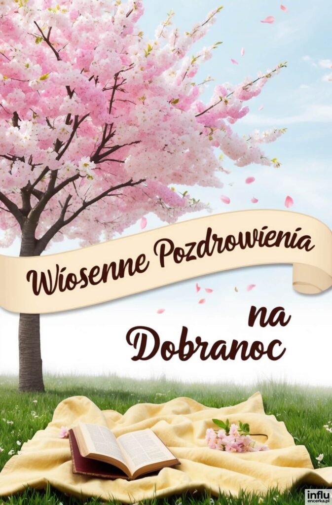 Kwitnąca wiśnia z opadającymi różowymi płatkami, żółty koc z otwartą książką na trawie i napis „Wiosenne Pozdrowienia na Dobranoc”