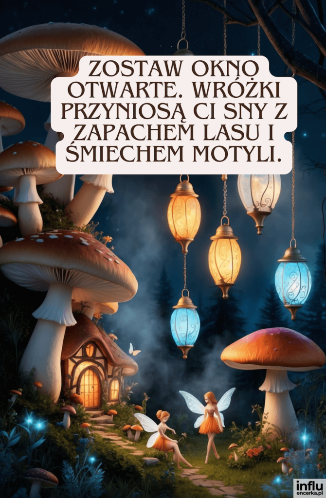 Bajkowy las nocą z domkiem w grzybie, wróżkami i świecącymi lampionami oraz napisem „Zostaw okno otwarte. Wróżki przyniosą Ci sny z zapachem lasu i śmiechem motyli.”