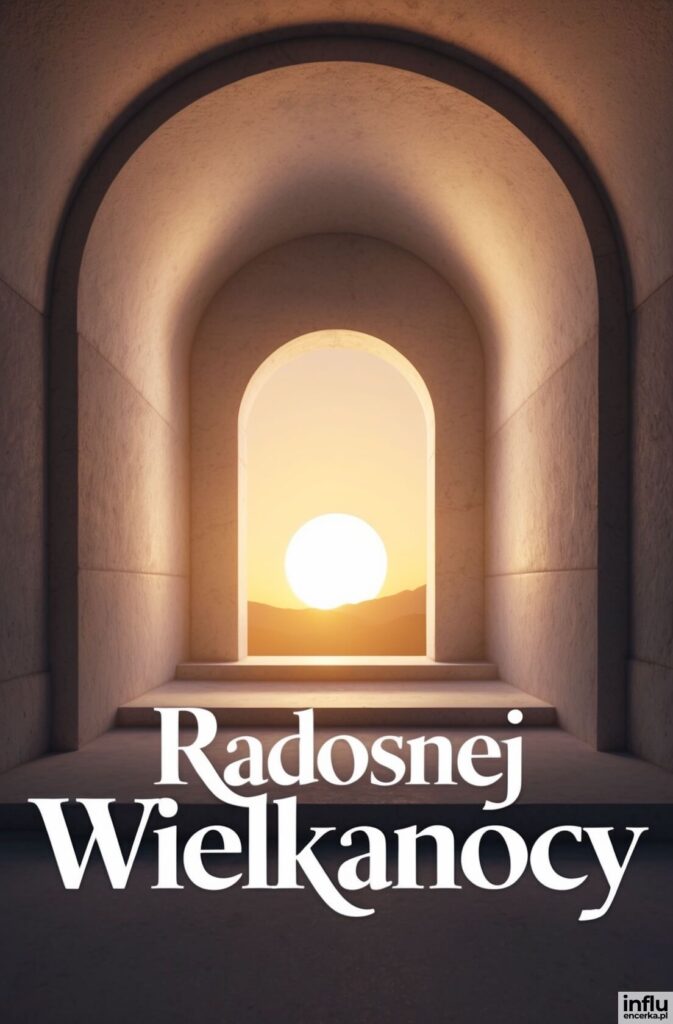 Kamienny korytarz z łukowymi arkadami, w głębi słońce wschodzące nad horyzontem i napis „Radosnej Wielkanocy”