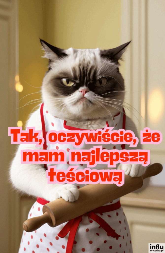 Groźny kot w białym fartuchu w kropki trzyma wałek do ciasta, napis „Tak, oczywiście, że mam najlepszą teściową”