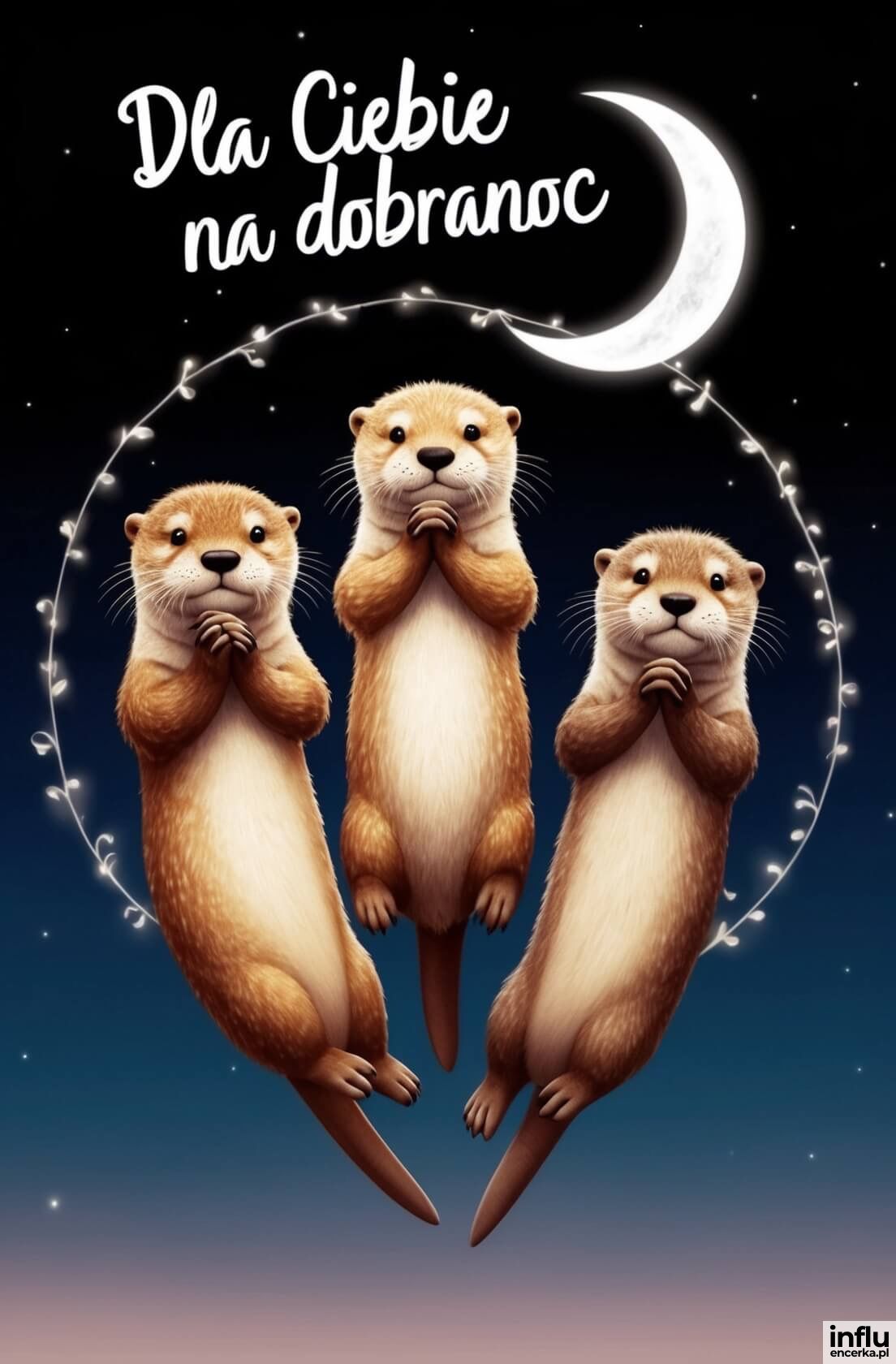 Kartka, wydry i księżyc, napis: Dla Ciebie na dobranoc