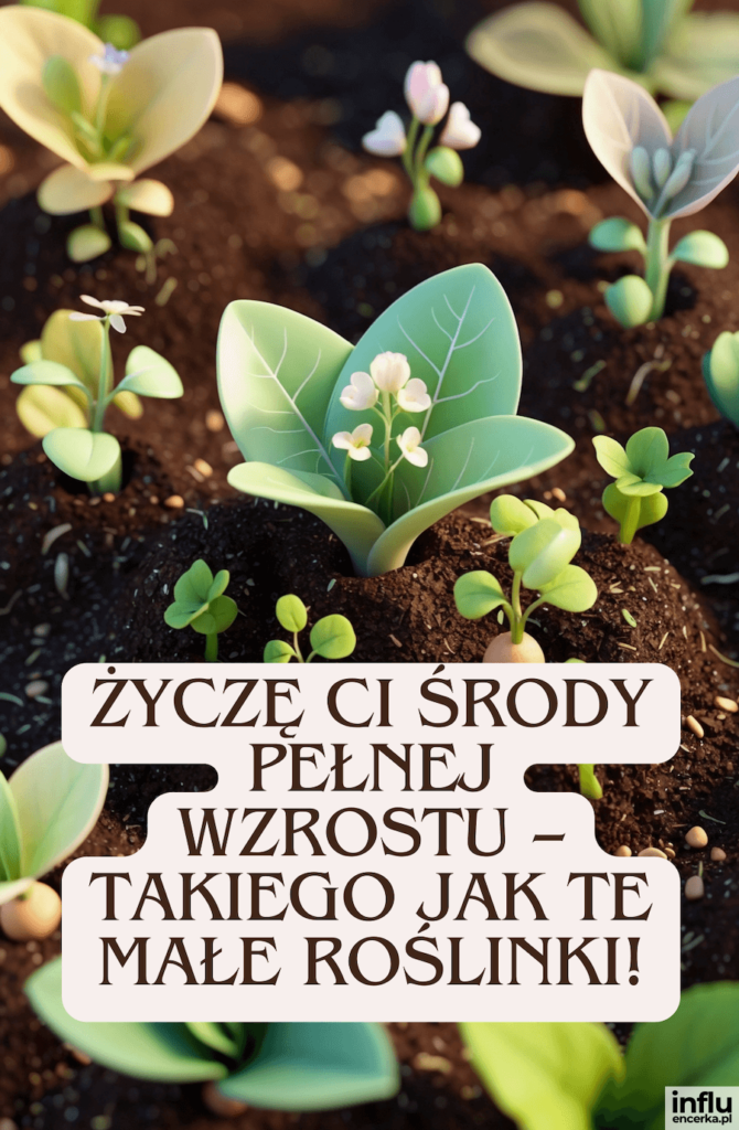 Młode sadzonki i kiełki w ciemnej ziemi z białymi kwiatuszkami oraz napis „Życzę Ci środy pełnej wzrostu – takiego jak te małe roślinki!”
