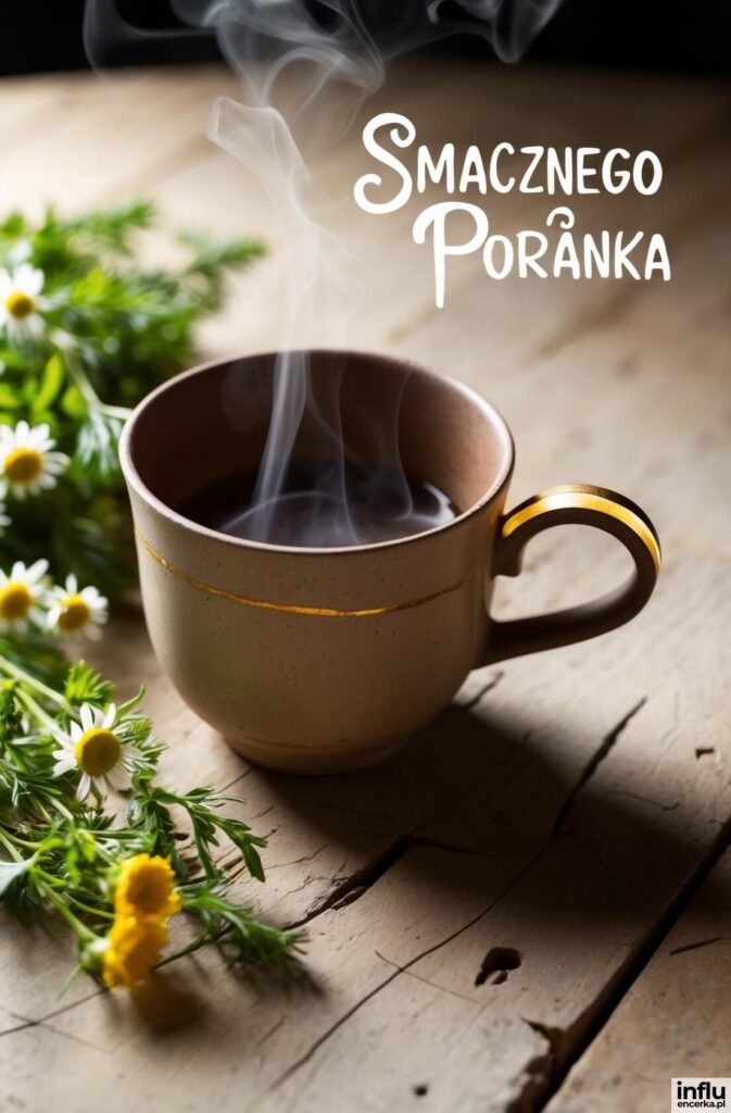 Parująca beżowa filiżanka herbaty z rumiankiem na drewnianym stole, napis „Smacznego Poranka”