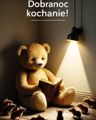 Pluszowy miś siedzi przy lampce i czyta książkę otoczony myszkami, z napisem „Dobranoc kochanie!”