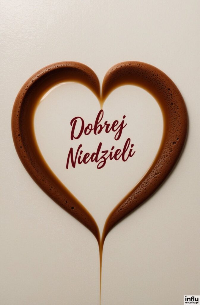 Serce uformowane z kawy z pianką, z napisem „Dobrej Niedzieli”