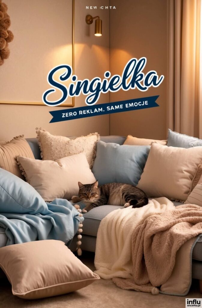 Przytulna sofa z poduszkami i kocami w beżowo-niebieskiej palecie, na której leży kot, z napisem „Singielka”