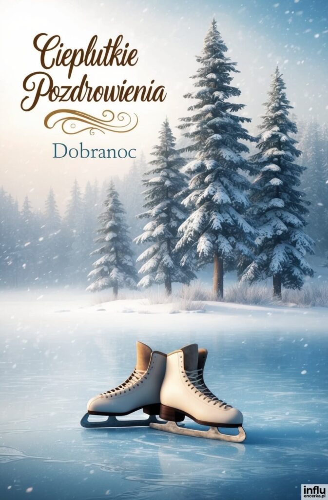 Białe łyżwy figurowe na lodowisku wśród ośnieżonych sosen, z napisem „Cieplutkie Pozdrowienia”