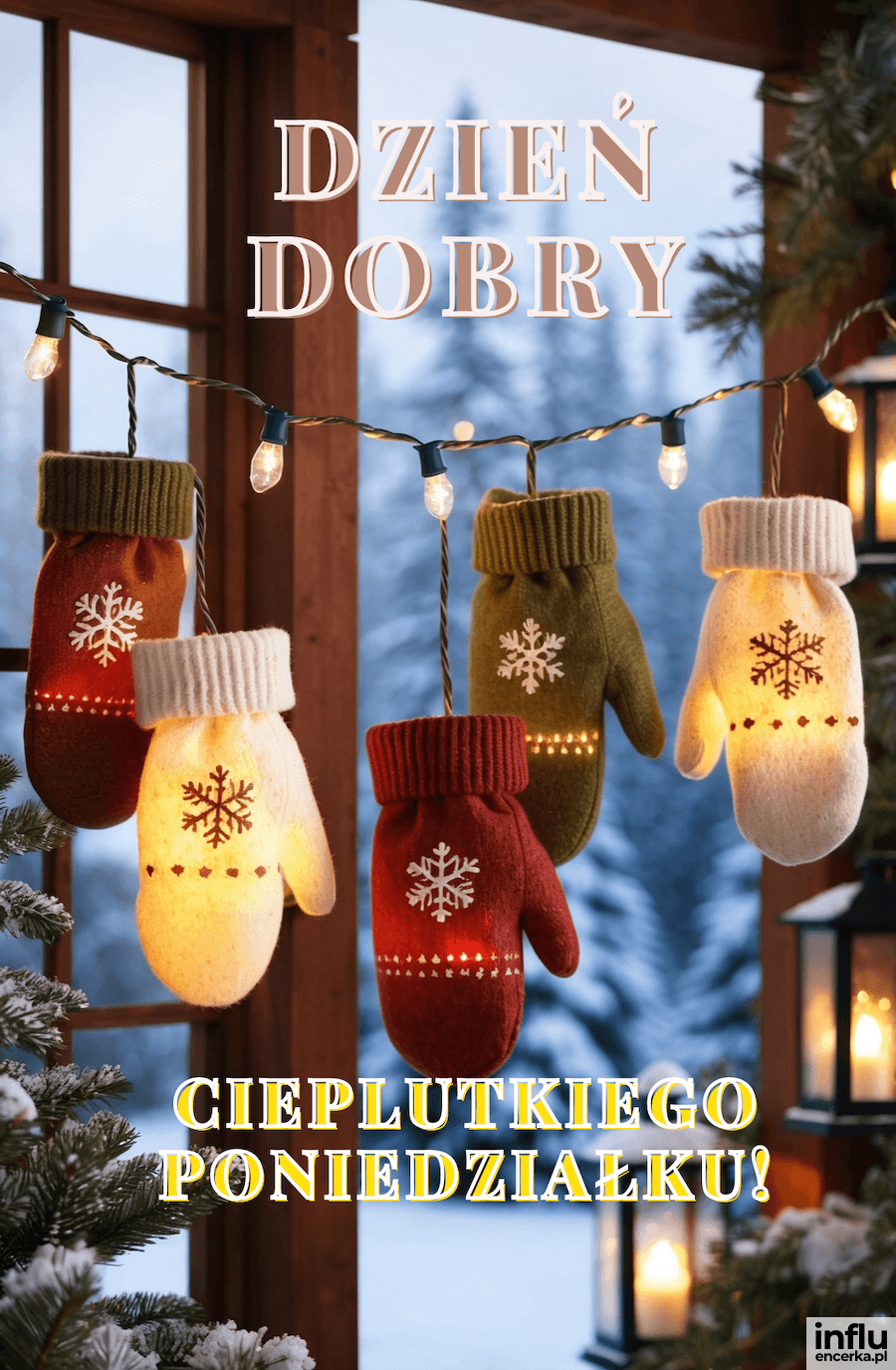 Kartka, zimowe rękawiczki rozwieszone w formie girlandy przy oknie, życzenia cieplutkiego poniedziałku na dzień dobry